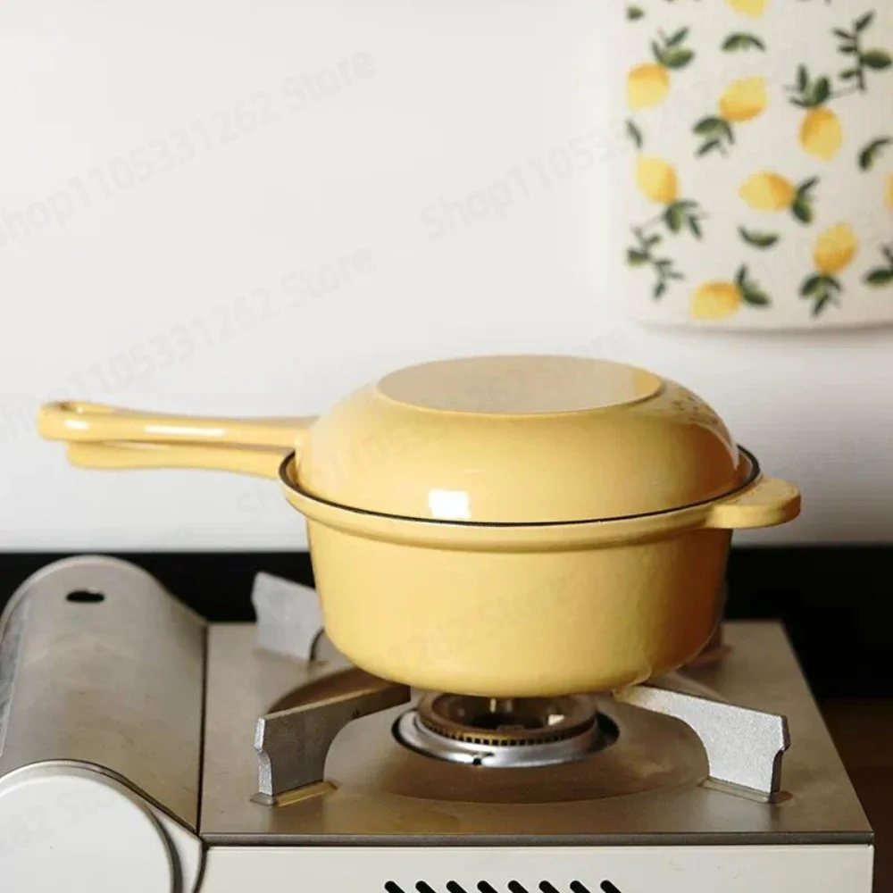 Yellow Enamel Cast Iron Single Handle Milk Pot Healthy Coating Free Dual Use Baby Food Porridge Claypot Rice Induction