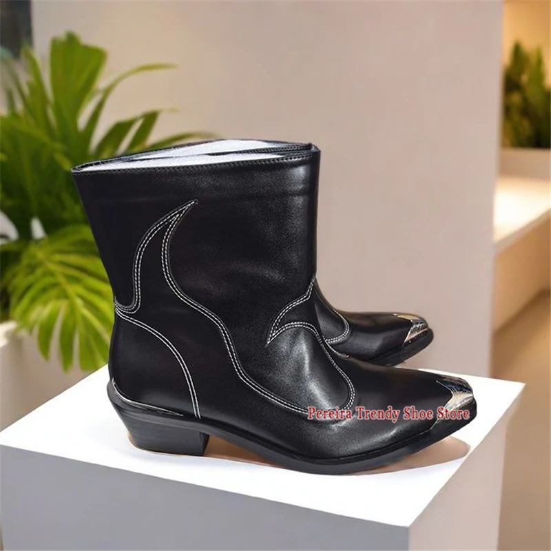 Metal Pointed Toe Thick Heel Elastic Boots for Men Women British Style Sewing Short Boots Autumn Winter Couple Shoes Plus Size