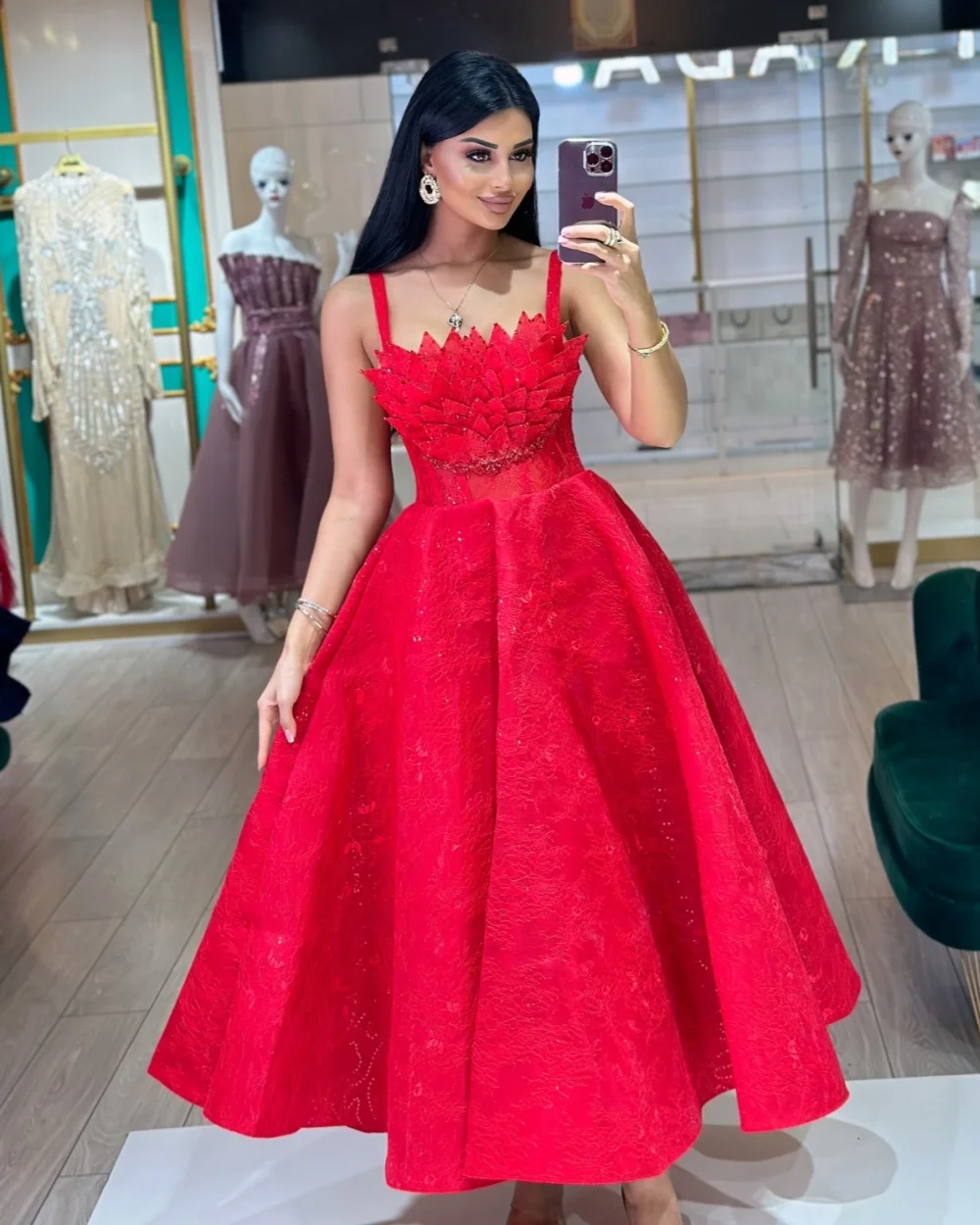 

Customized Modern Style Elegant Jersey Sequined Beading A-line Spaghetti strap Midi Dresses Evening Dresses Sizes Available Sexy