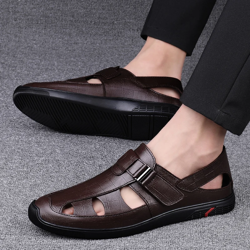 

Summer Men's Genuine Leather Sandals Hollow Breathable Leather Casual Shoes Soft Brown Comfortable Business Slippers Size：37-45
