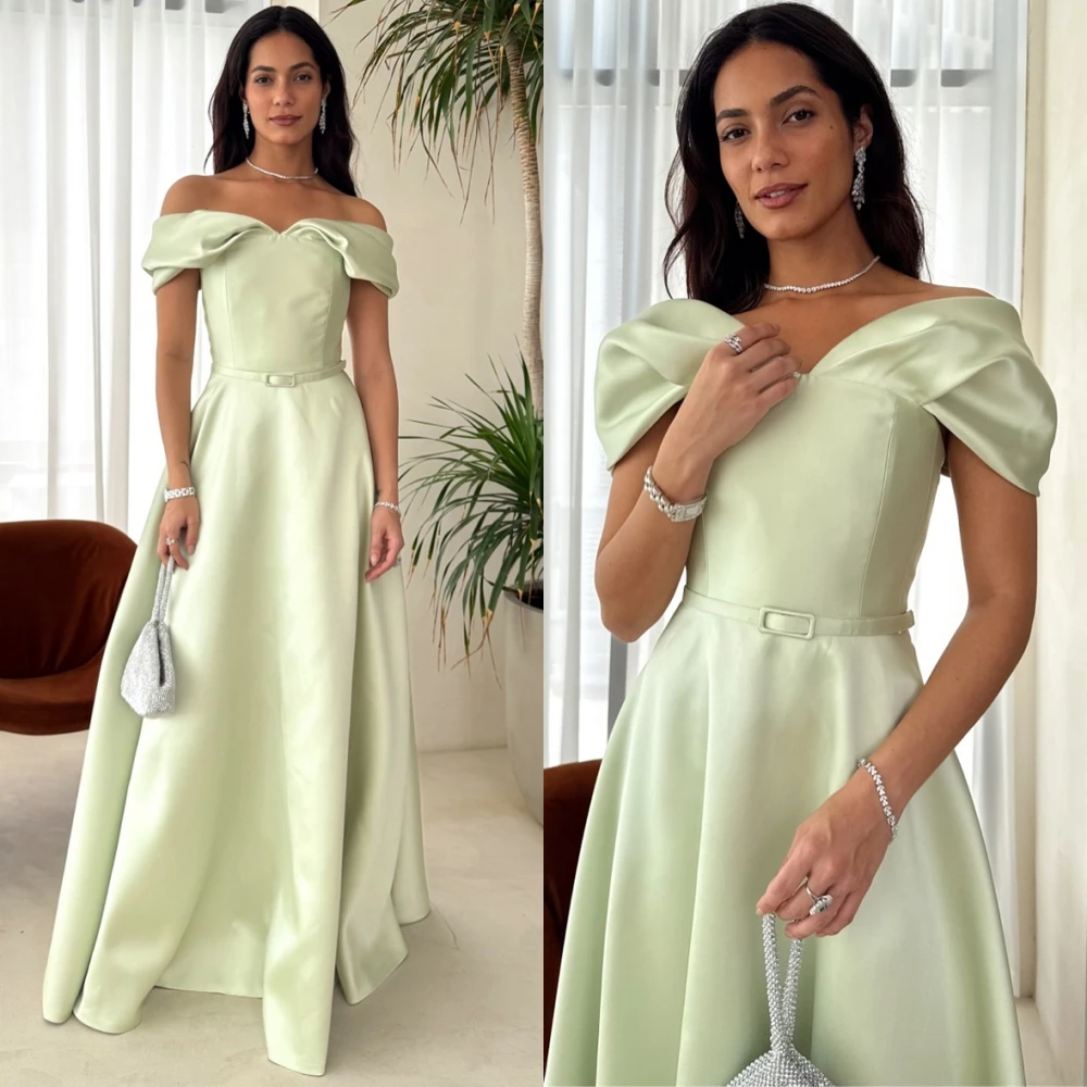 

Customized Luxury Satin Evening Dress Exquisite Boat Neck Short Sleeves Prom Dresses Modern Sweep Train Special Occasion Gowns