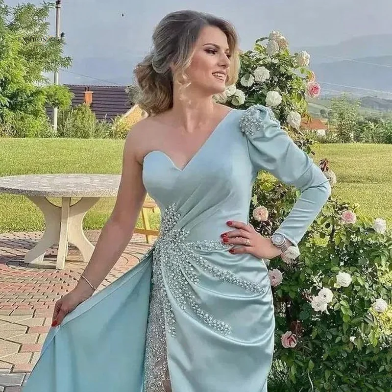 Green Luxury Lace Prom Dress One Shoulder Long Sleeve Mermaid Ruched Satin Beaded Women Evening Formal Party Gowns Robe 2025