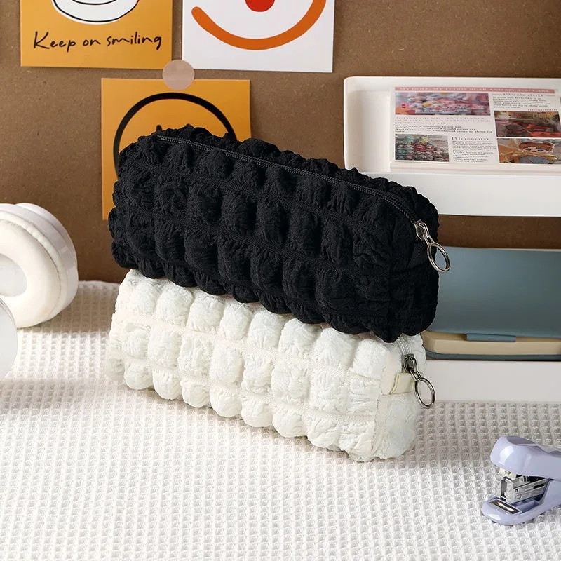 Cream Puff Pen Bag Large Capacity Solid Color Soft Makeup Bag Stationery Bag