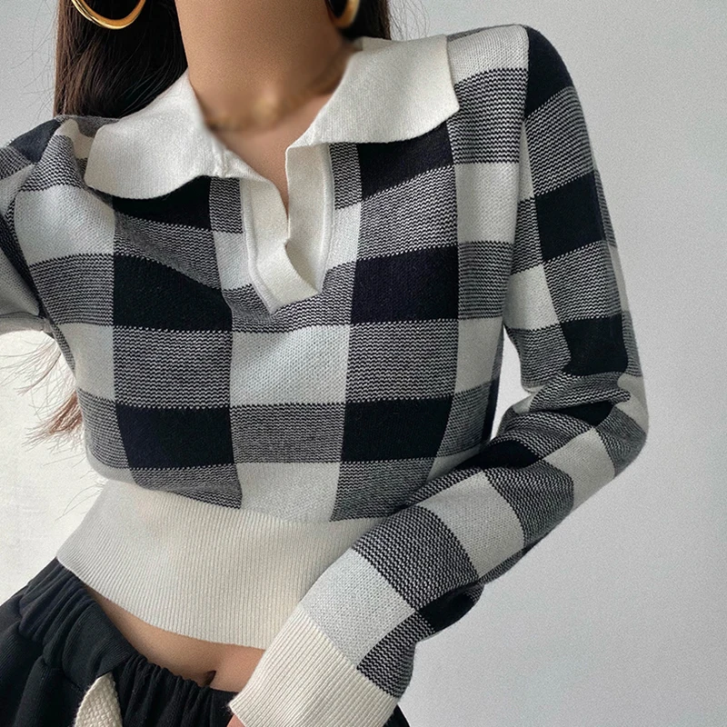 Retro Women's Knitted Tops Long Sleeves Cargidan Slim Casual Turndown Collar Plaid Pullovers