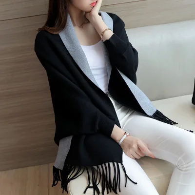 Autumn Winter Fashion Lady Tassel Knitted Shawl Sweater Women Solid Tassel Batwing Sleeve Poncho Cardigan wrap swing