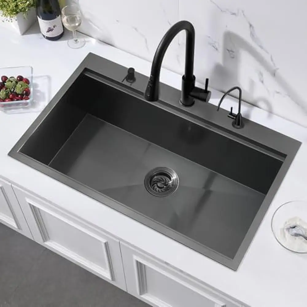 Stainless Steel Workstation Sink 33 x 22 x 10 Inches Deep Single Bowl with Accessories Drop In Black Gunmetal Nano PVD Tech Rust