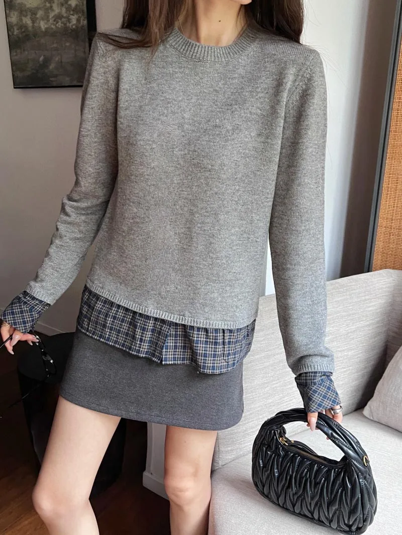 2024 Autumn/Winter New Women's Sweater Fashion and Exquisite College Style Round Neck Hemp Splicing Shirt Fake Two Piece Sweater