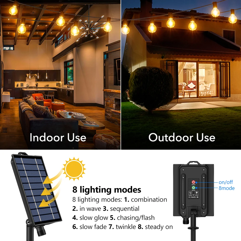 Solar String Lights Outdoor G40 Patio Lights with LED Shatterproof Bulbs,Weatherproof Hanging Lights for Backyard Bistro