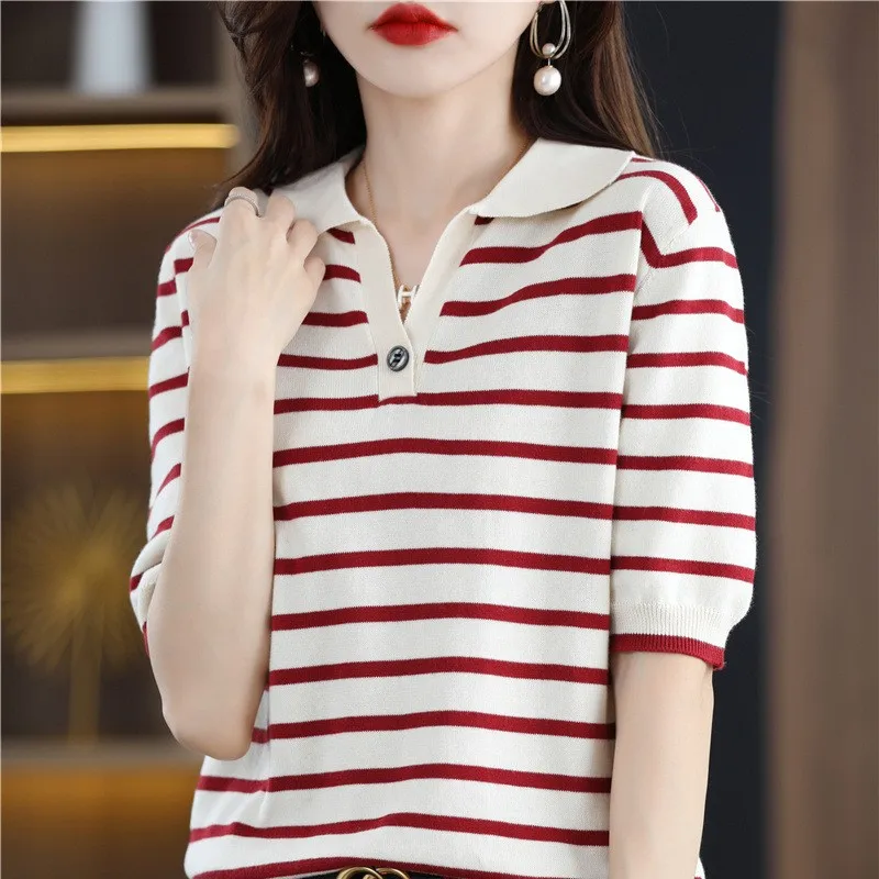 WinvyNee Summer Short Sleeved Women's Solid Polo Shirt Striped Top Casual Cotton T-shirt Women Clothing Casual Knitted A1002002