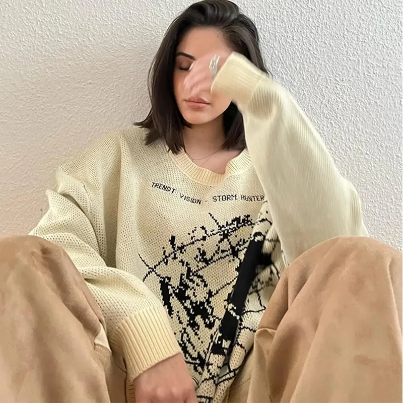 Y2K Tricot Grand Pull Pull Hommes Femmes Chaud Lâche Esthétique Rétro Tendance Tricot Pull Gothique Pull Harajuku Coton