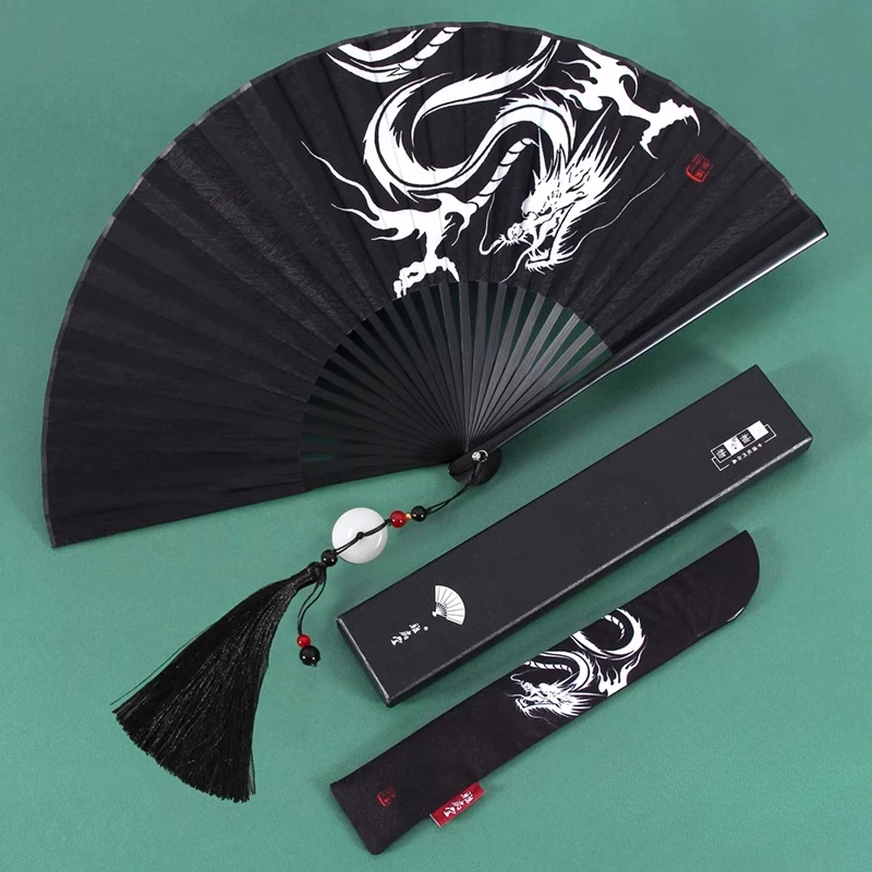 

Ancient Folding Fan Black Dragon Fan Chinese Style Summer Hanfu Folding Fan