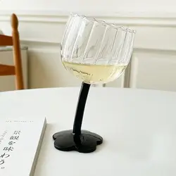 빈티지 클리어 플라워 베이스 벤트 스템 잔 화이트 레드 와인 샴페인 칵테일 진 드링킹 글라스 200ml, 북유럽 리플 글래스 컵