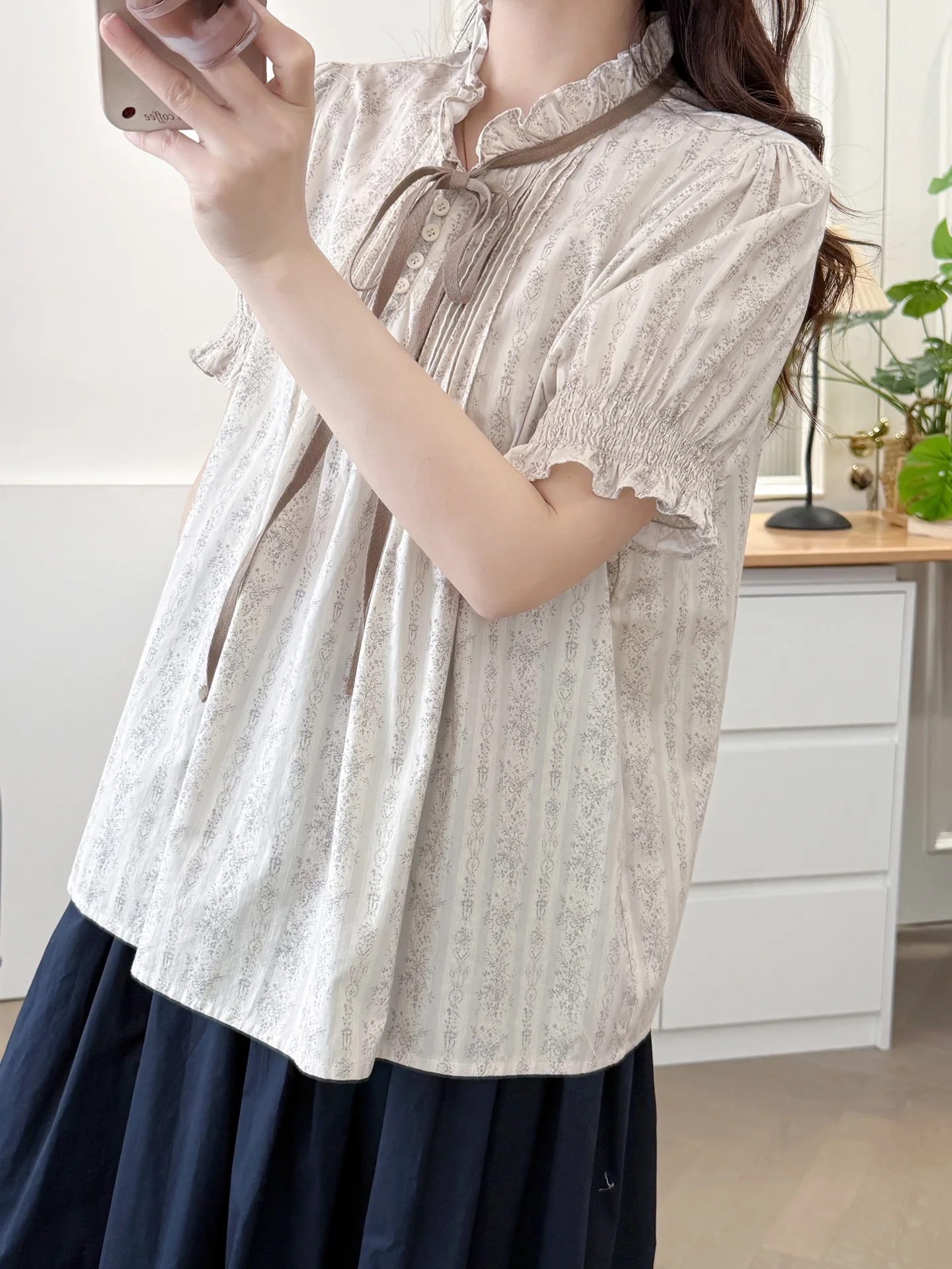 ใหม่2025ฤดูร้อนผ้าฝ้ายพัฟแขนเสื้อผู้หญิงยืนพิมพ์Lace-Up, Moriสาวภาษาฝรั่งเศสคําVINTAGE Casualหลวมเสื้อt55818CC