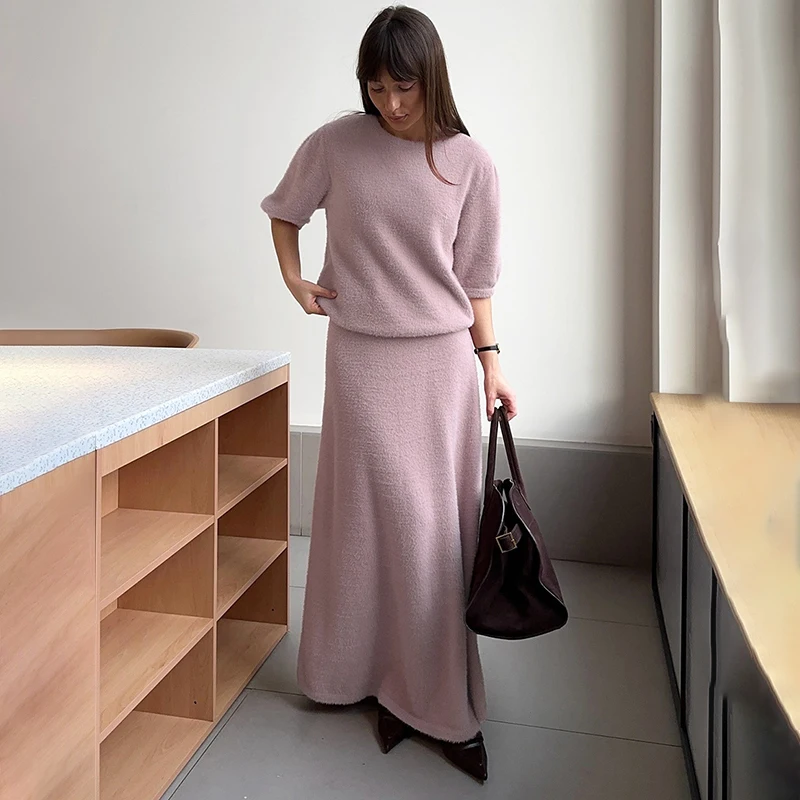 

Tornova Knitted Skirt 2 Pieces Set Women's Short Sleeve Casual T Shirt Hgih Waist Maxi Skirts Fashion Slim Summer Vacation Suit