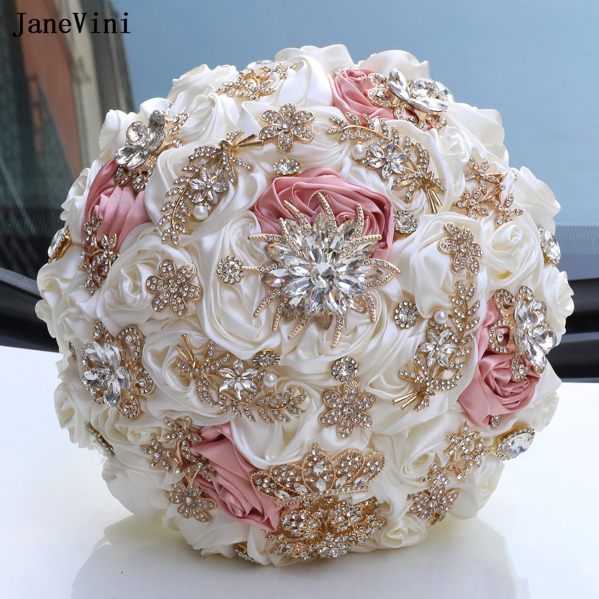

JaneVini 2025 Luxury Golden Rhinestone European Bridal Holding Bouquets Artificial Satin Roses Wedding Bouquet Flowers for Bride
