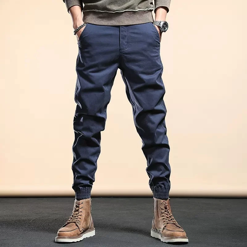 

Casual Pants Men Korean Style Cotton Dark Blue Slim Fit Trousers