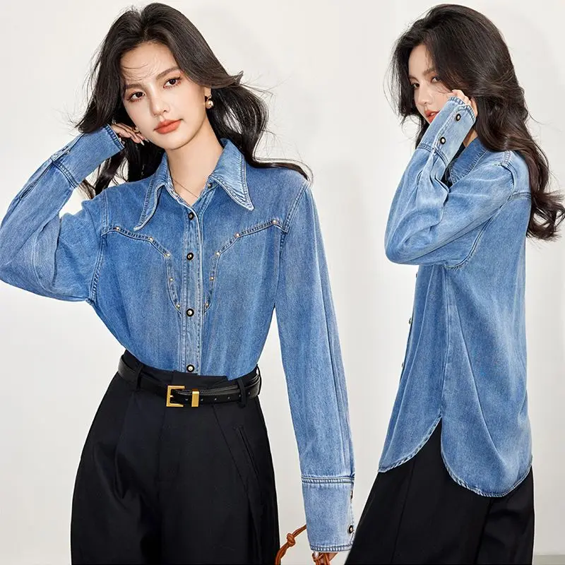 Retro Hong Kong Style Denim Shirt Women\'s Design Loose Fit Niche Long Sleeved Shirt Outerwear 2024 Spring and Autumn New Item