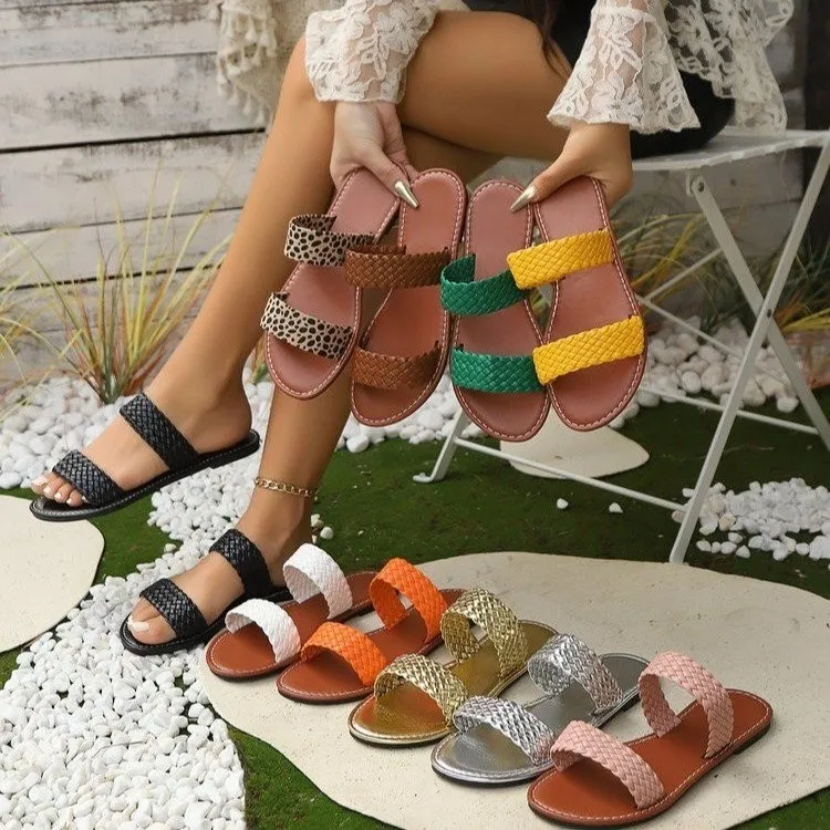 

Summer Woman Flat Slippers Woven Strap Comfortable Women's Shoes Casual Soft Bottom Beach Slippers Women 2025 Zapatos De Mujer