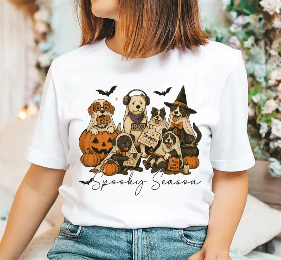 

T-Shirt Short Sleeved Printed Cute Round Neck Women's Halloween Dog Pattern Top Fun Clothing Women's Fashionable Street T-Shirt