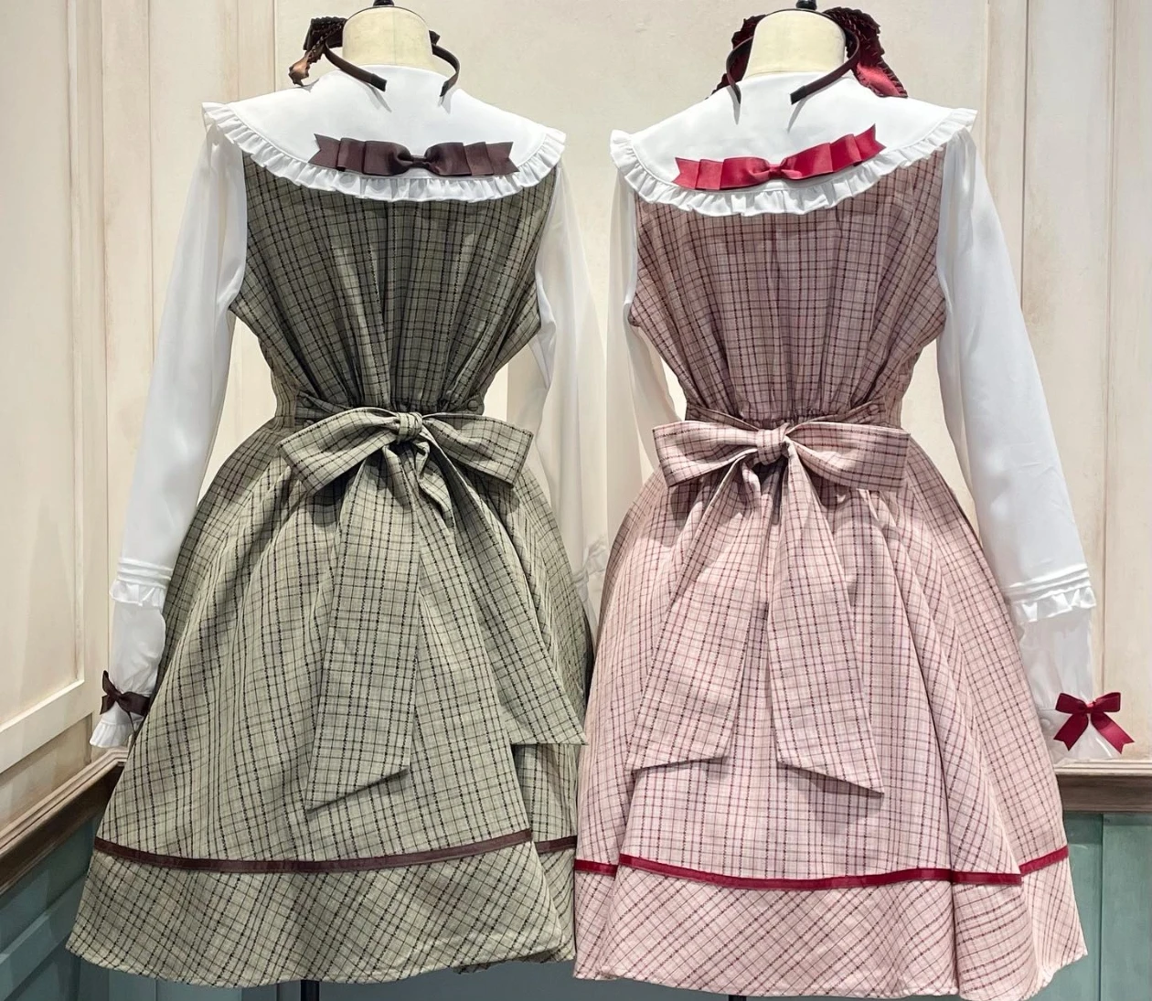 Japanische Süße Nette Puppe Kragen Bogen Patchwork Langarm Einreiher Hohe Taille Schlank A-linie Plaid Lolita Kleid Frauen herbst