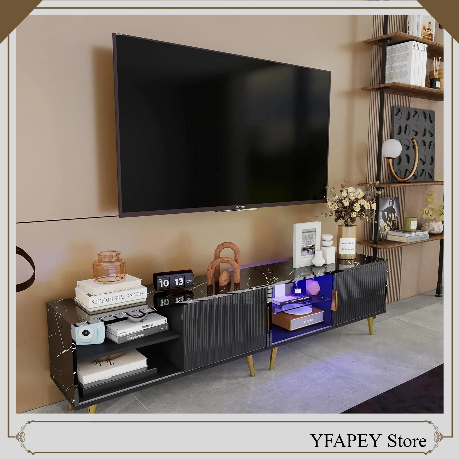 

Многоуровневая открытая тумба под телевизор из дерева для гостиной, спальни, дома, со светодиодной подсветкой и дверцами, центральный шкаф для хранения