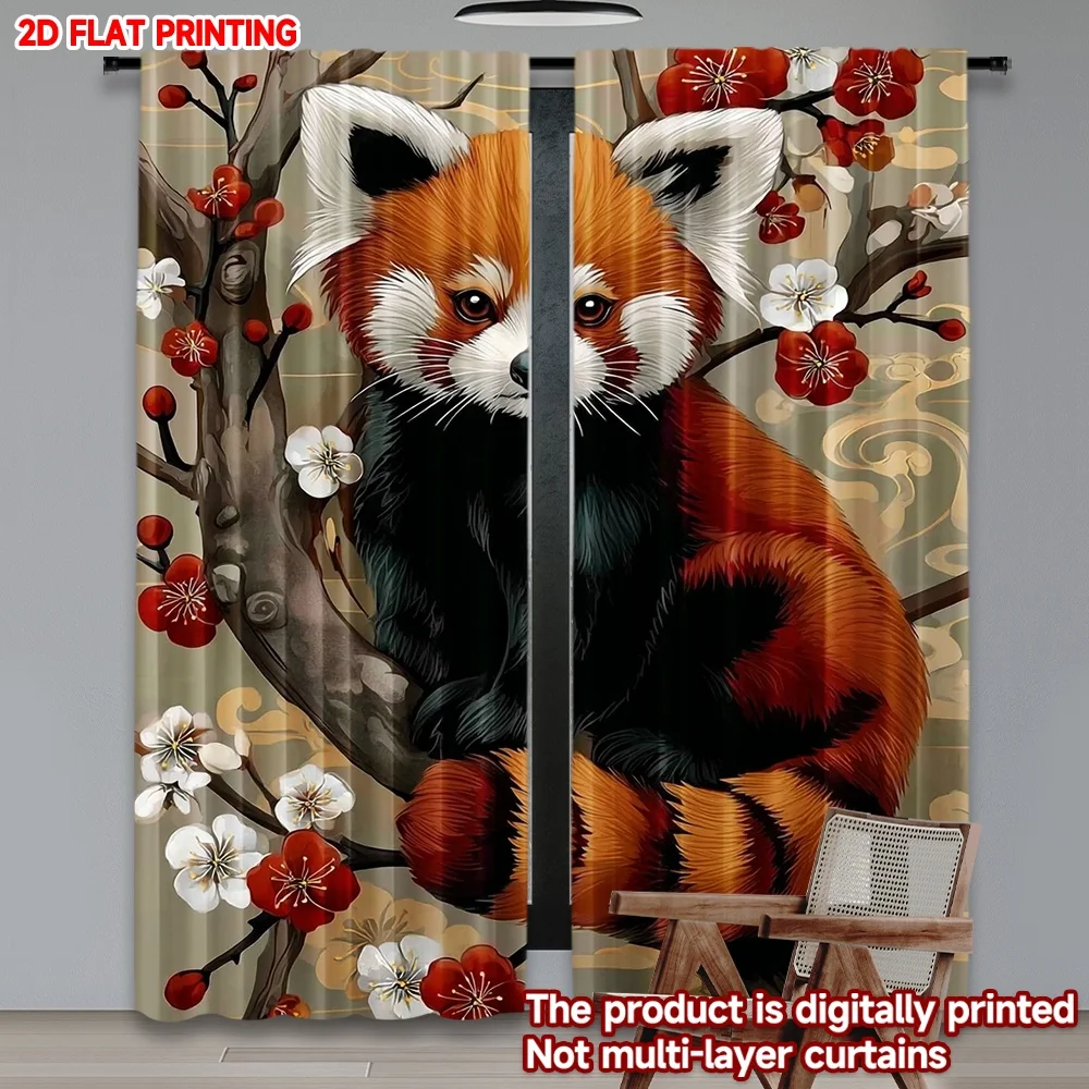 

2D плоская цифровая печать, 2 шт., шторы для окон с изображением красной панды среди цветов, полиэстеровые занавески с цифровой печатью, сезонные, для вечеринок и праздников