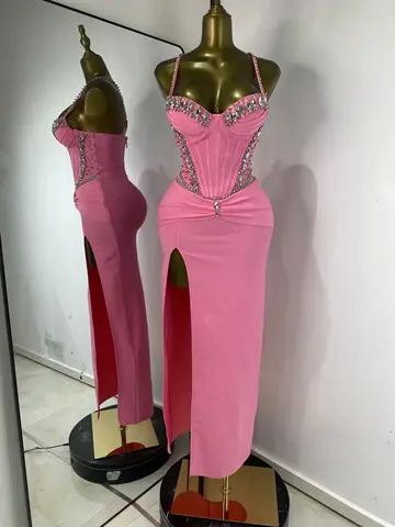 Women Luxury Pink Bandage Dress Spaghetti Strap V Neck Crystale Pleated Open Leg Long Birthday Celebrity Evening Party Dresses