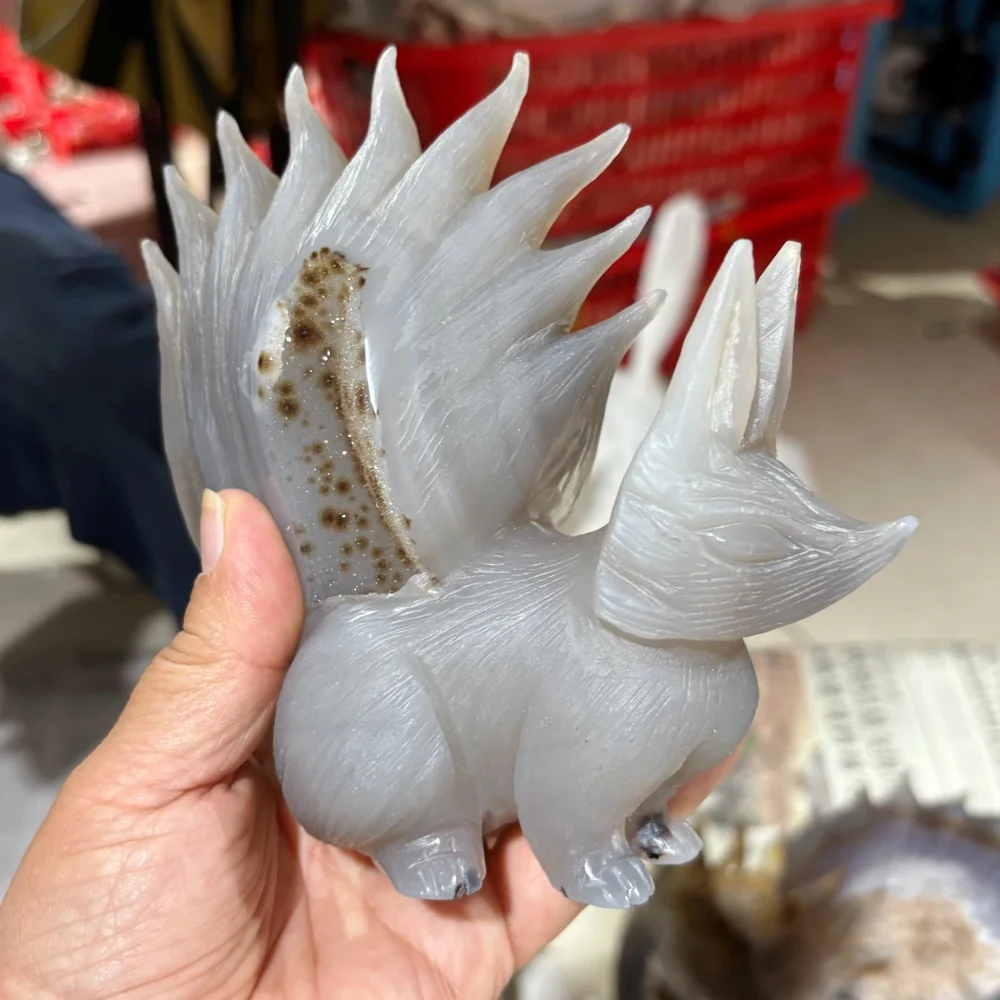 Natural Agate Geode Nine Tailed Fox Hand Carved Druzy Quartz Crystal Figurine Reiki Healing Home Decor Gift