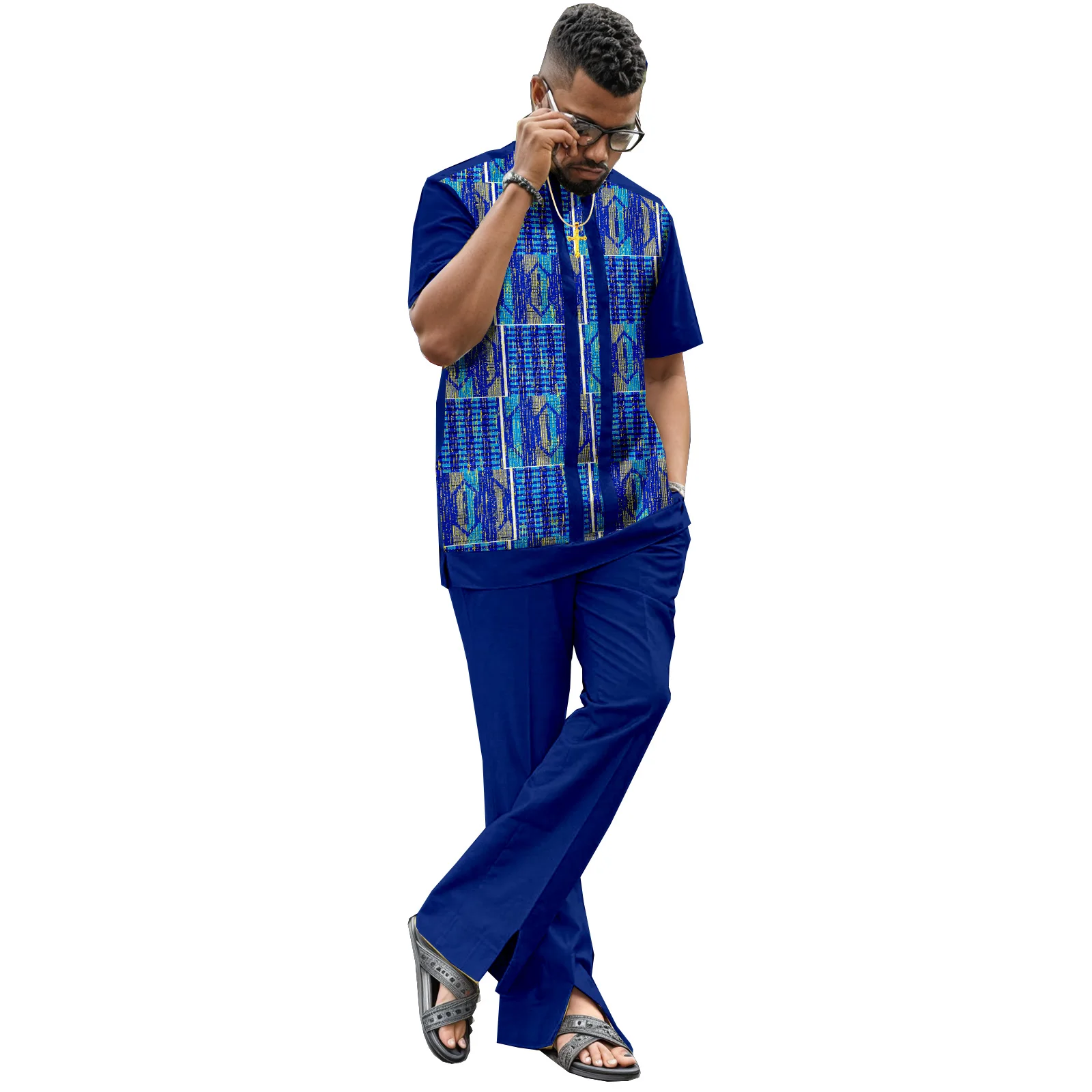 Men's African Attire Dashiki Kente Pattern Printed Outfits Short Sleeve Shirts And Pants 2 Piece Sets