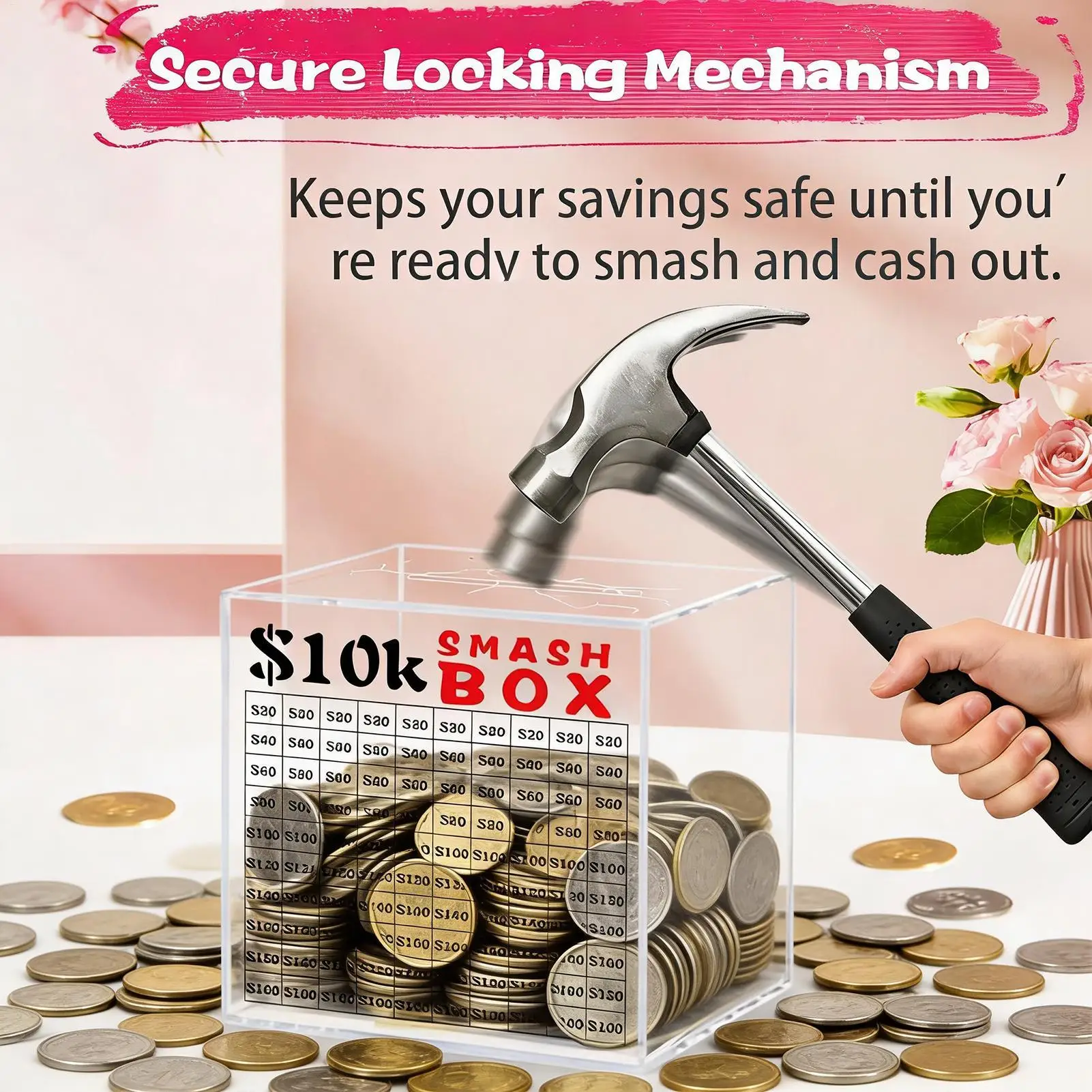 10k Smash Box Large Clear Acrylic Unbreakable Bank Save Money Box for Kids Company Offices Study Bedroom Living Room Birthday