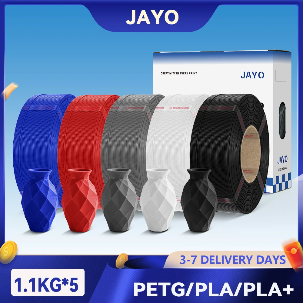 JAYO Filament d'imprimante 3D PLA/PETG/PLA PLUS 1.75mm sans plateau Filament d'imprimante 3D pour imprimante 3D et Filament de recharge de stylo 3D 5 rouleaux