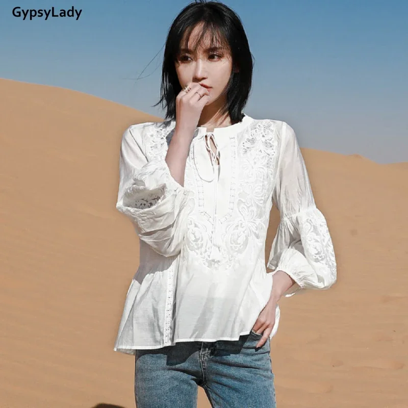 GypsyLady Floral Embroidery Silk Blouse Shirt 2 Piece Set White Lace Blouse Women Long Lantern Sleeve Sheer Sexy Chic Top Shirt