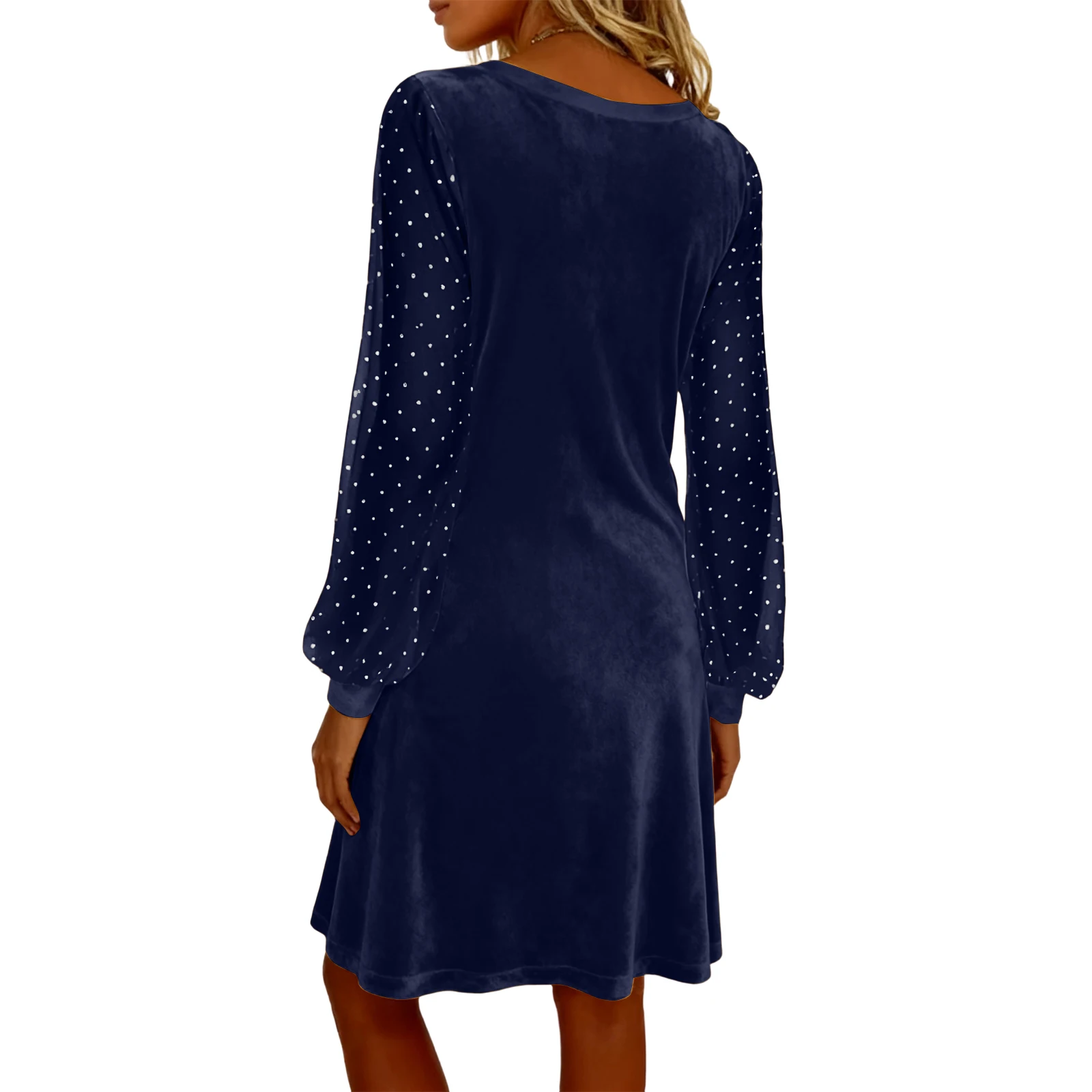 فستان نسائي مثير بأكمام طويلة فستان نسائي عنابي مخملي شفاف بأكمام شفافة فستان قصير منقط فاخر للتاريخ يوميًا 2026 #4