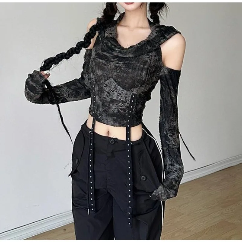 

Spice Girl Design Feeling Off-the-shoulder and Thin Hooded Long-sleeved T-shirt Spring Summer Temperament Versatile Black Top