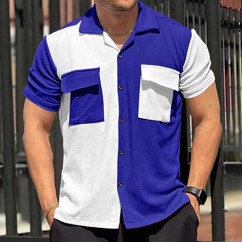 GZMS-2024Summer New Men's Color Matching Short Sleeve Breathable Casual Beach Shirt Short Button Cardigan