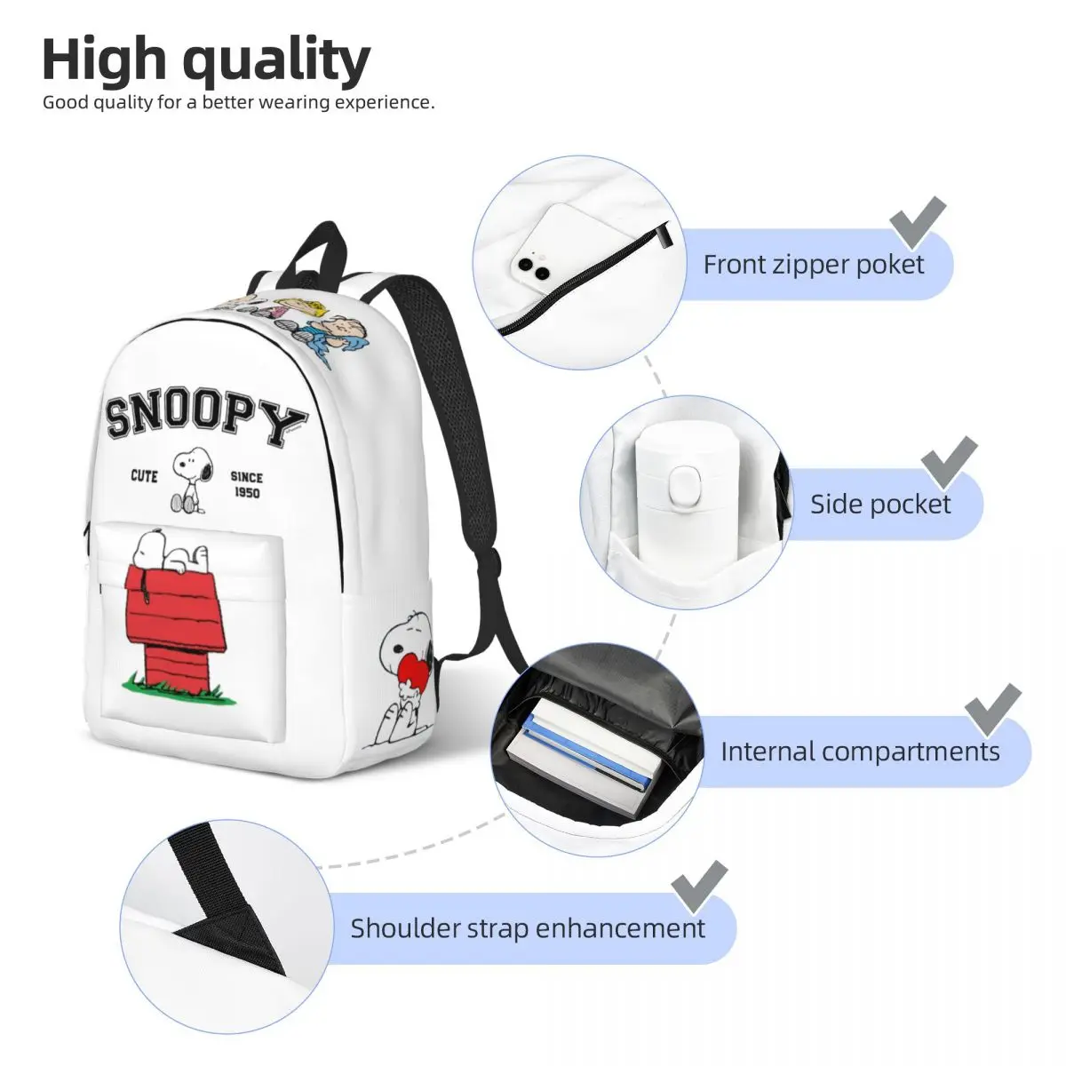 Mochilas engraçadas do Snoopy dos desenhos animados para estudantes, mochila para meninos e meninas, amendoim, mochila de impressão Comic Merch, bolsa de viagem, bonito