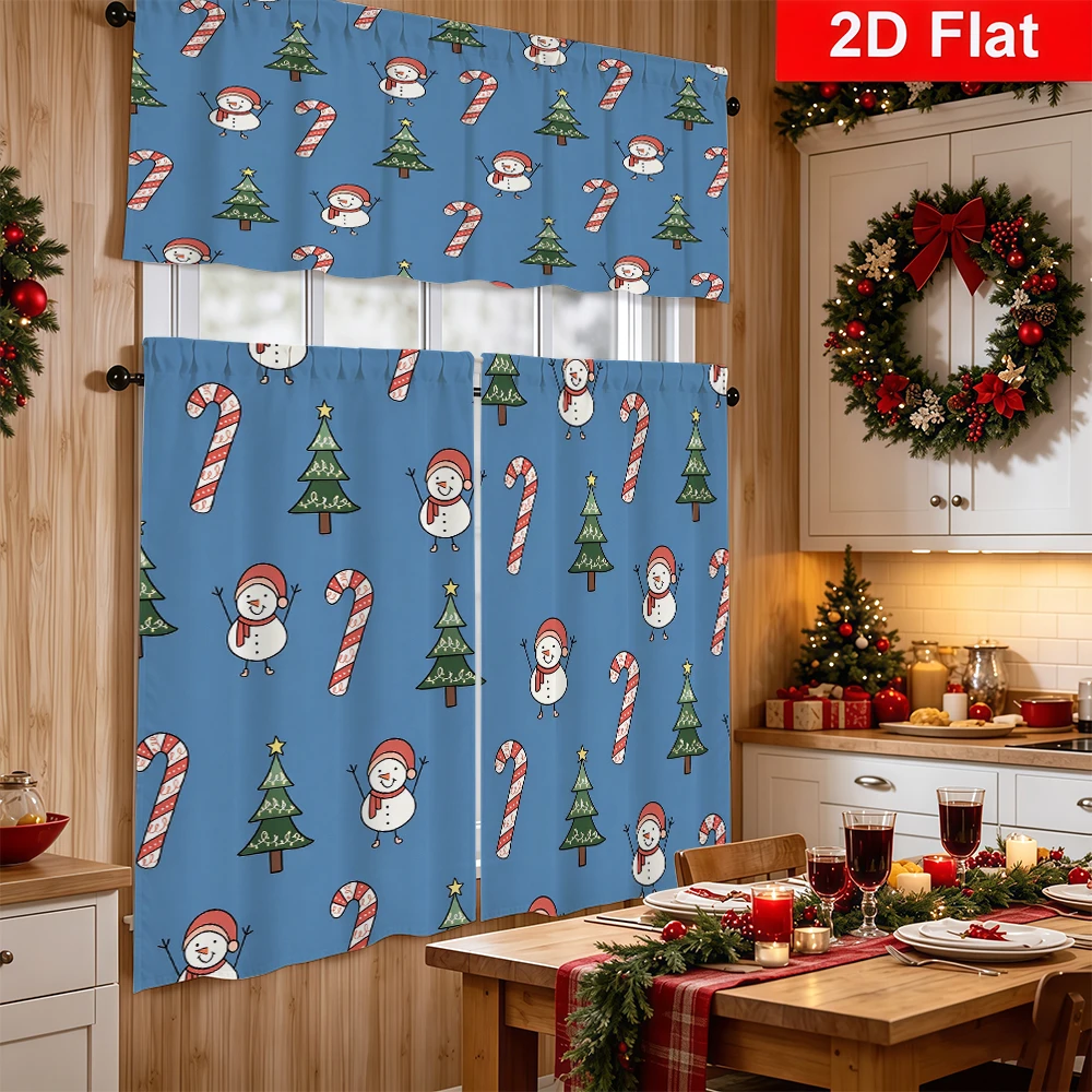 Christmas Kitchen Curtains, Blue Snowman Tree Candy Cane, Digital Print, Kitchen Dining Room, Rod Pocket Polyester, Home Decor