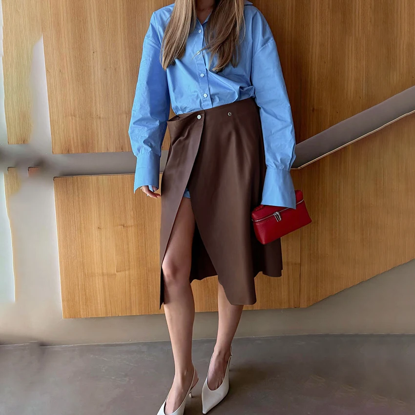 

Linad Street Chic коричневые юбки из искусственной кожи с разрезом, женские элегантные прямые юбки с высокой талией, осенние винтажные тонкие юбки до середины икры, женские 2025