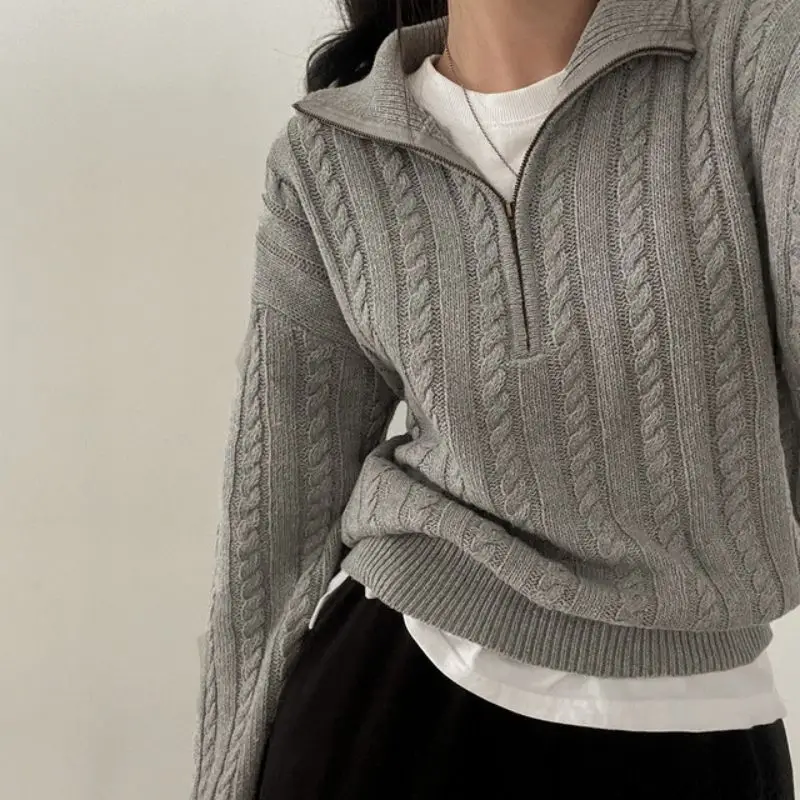 Autumn Oversize Knitted Sweater Women 2023 New Vintage Pullover Baggy Long Sleeve Zipper Sweaters Lady Half High Collar Korean