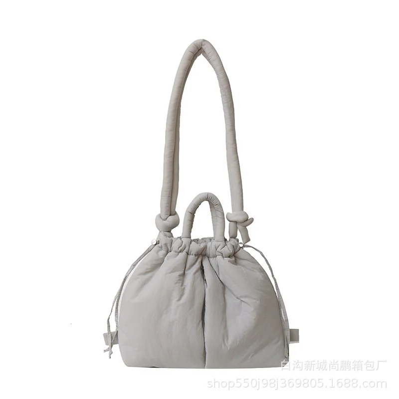 2024 Casual Nylon Padded Tote Bag Vintage Large Capacity Shoulder Bag Women Lady Simple Handbag Drawstring Backpack