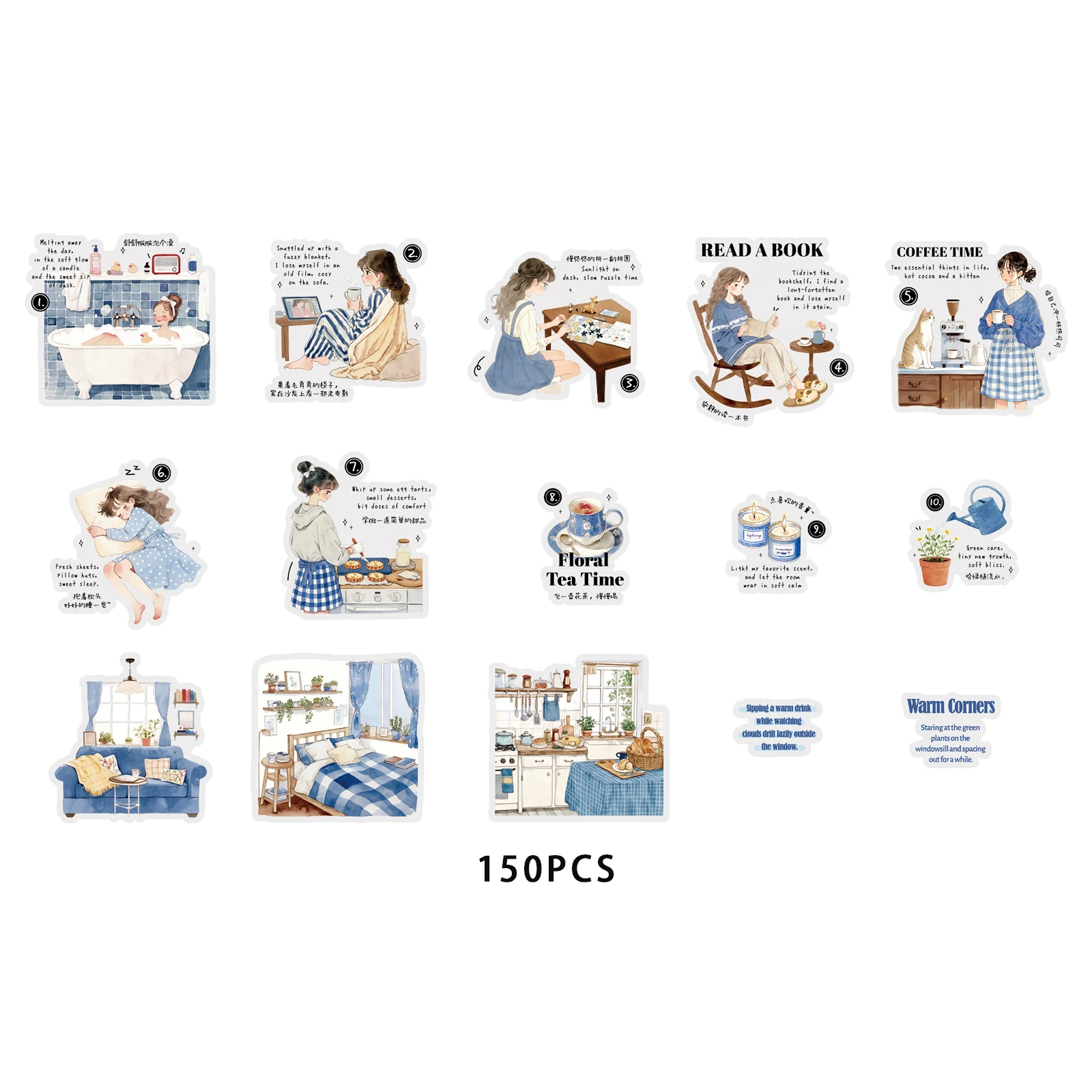 Etori Life Healing Series Home Life Journal Stickers 15 stuks Blauwe serie Dagelijkse decoratieve stickers voor meisjes Geschikt voor doe-het-zelf dagboeken, laptops, koffers, skateboards, gitaren,