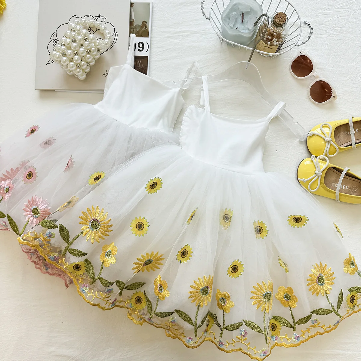 

New Arrival Toddler Girl Flower Embroidered Cami Dress, Sheer Mesh Fairy Skirt, Kids Stylish Princess Costume for 90-150cm