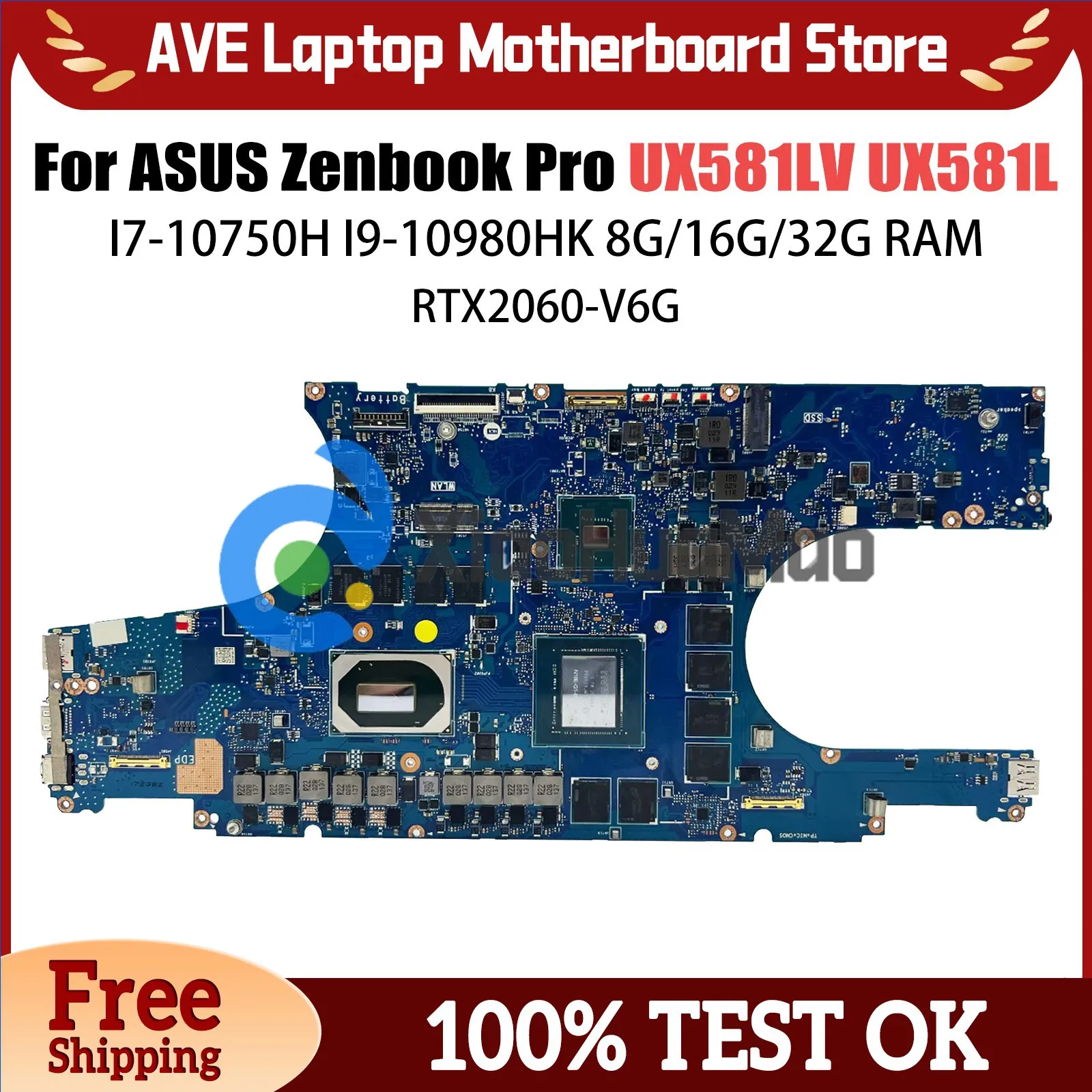 

UX581LV Notebook Mainboard For ASUS Zenbook Pro Duo UX581L Laptop Motherboard I7-10750H I9-10980HK CPU RTX2060 6G 16G 32G RAM