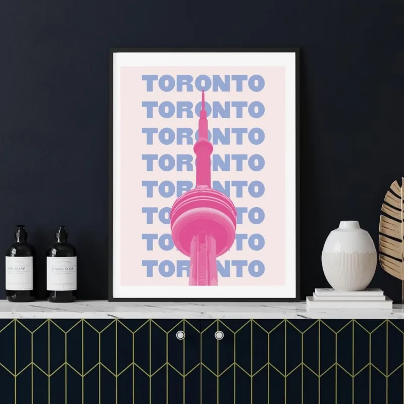 1pc Toronto Skyline Poster - Minimalist Canadian Cityscape Wall Art in Pink & Blue, CN Tower, Unframed Canvas Print for Home,