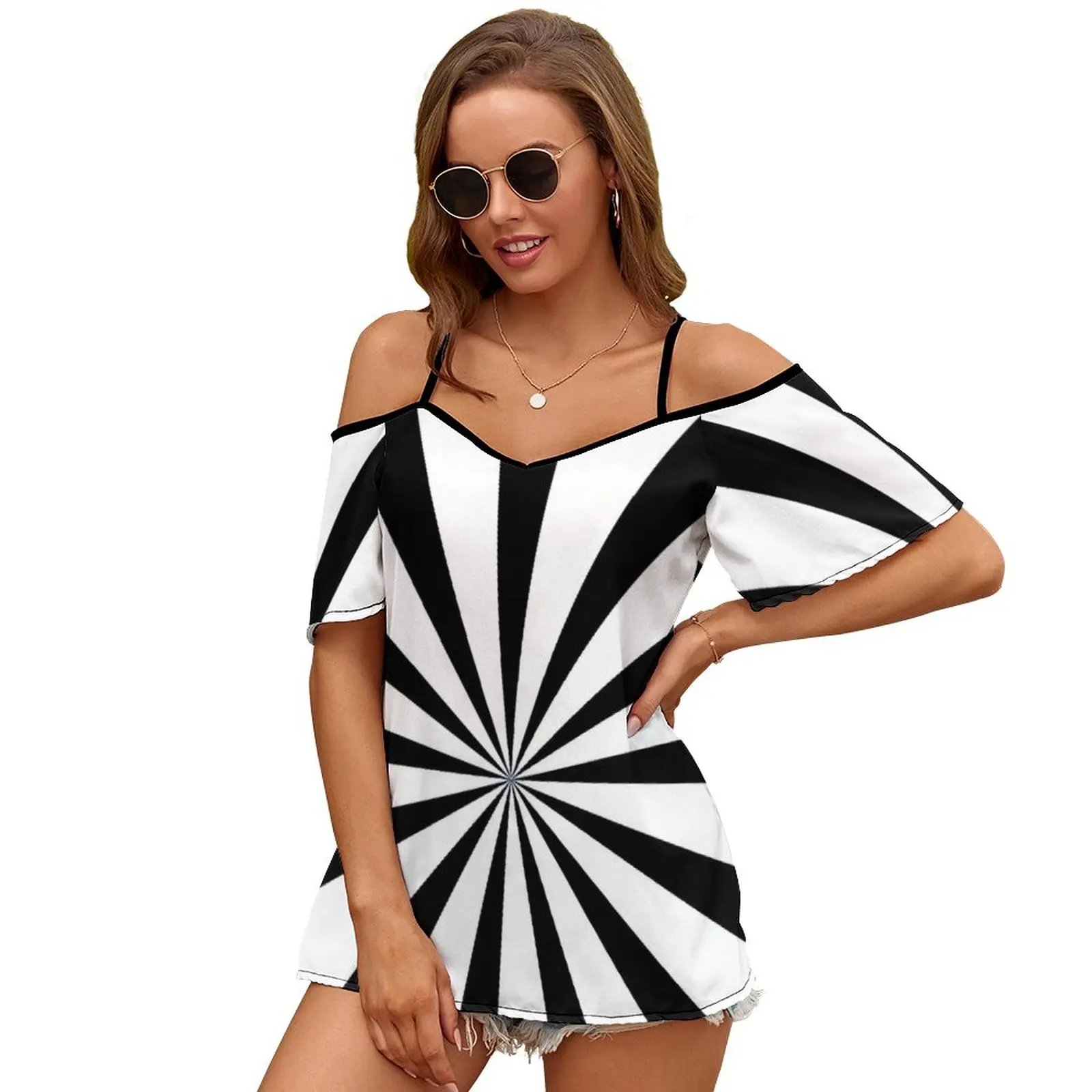 Black And White Starburst | Duvet Bedspread And Cushion Women Short Sleeve Tops O-Neck Hollow Out Shoulder Strap Tees