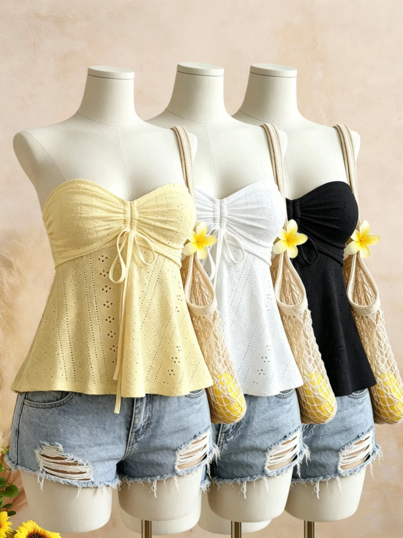 Women 3 Pack Solid Eyelet Lace Cami Top Casual Ruched Tie Front Peplum Sleeveless Tank Top Set