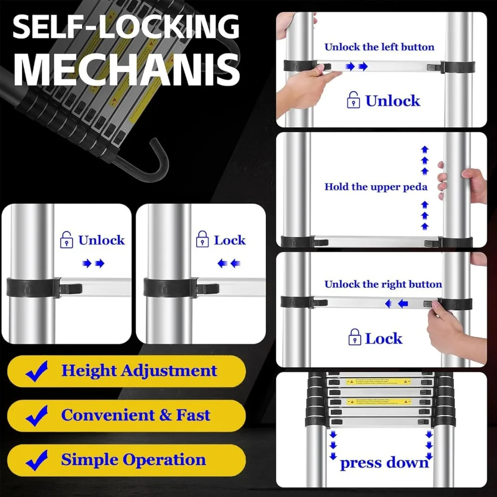 سلم تمديد من الألومنيوم خفيف الوزن بطول 9.5 قدم مع خطاف، سعة 330 رطل، قابل للطي للاستخدام متعدد الأغراض #3