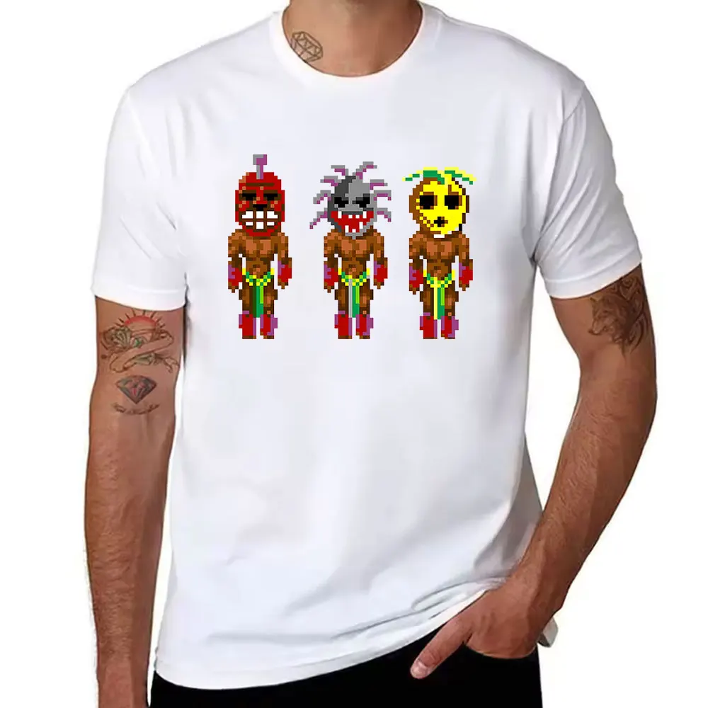 Men's Cotton Short Sleeve T-Shirt with Retro Pixel Art Wrestler Mask Print, Casual Streetwear Top for Daily Wear