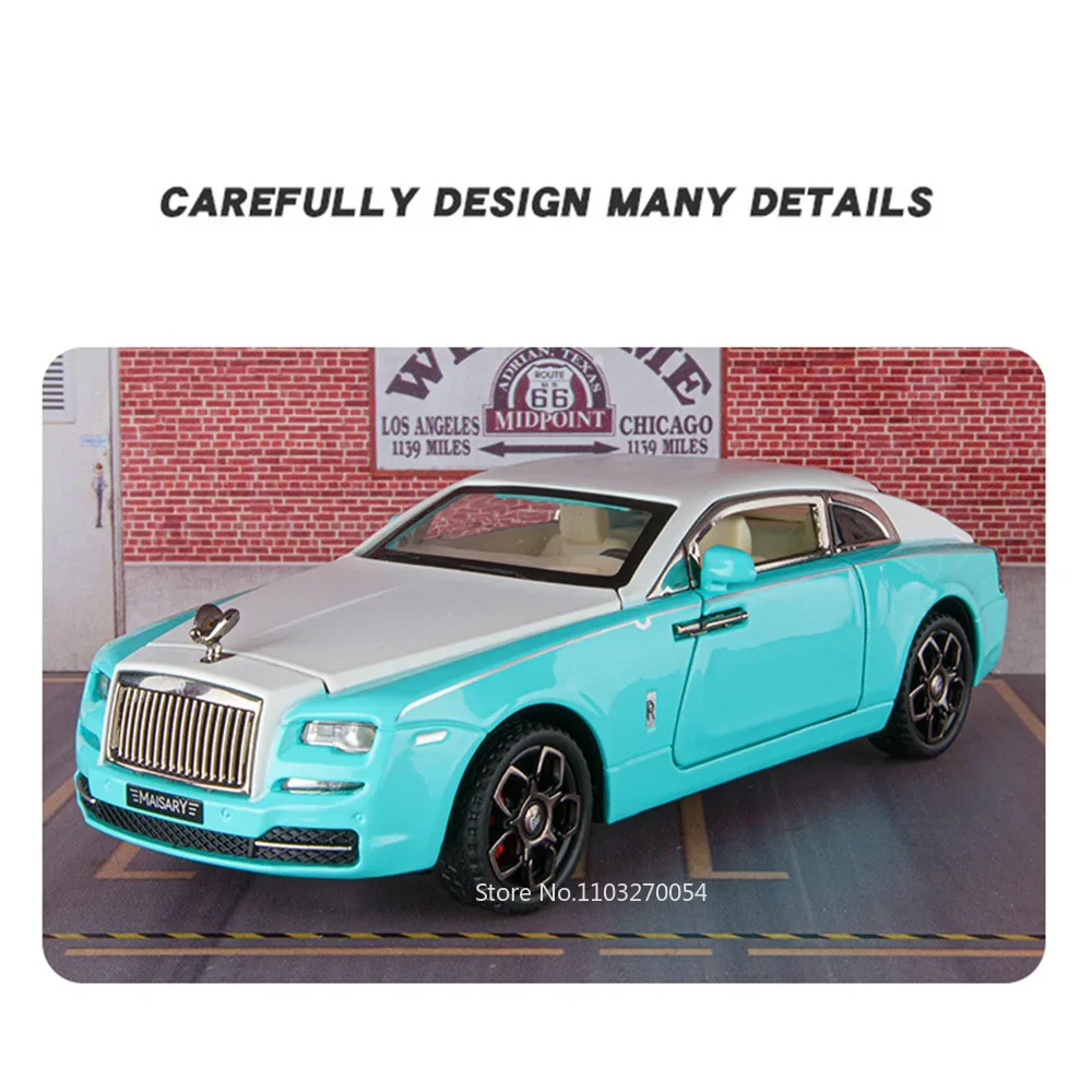 1/32 Rolls-Royce Wraith Car Model Toys Diecast Alloy Vehicle 4 Doors Opened Rubber Tire Sound Light Pull Back Toy Gifts for Kids