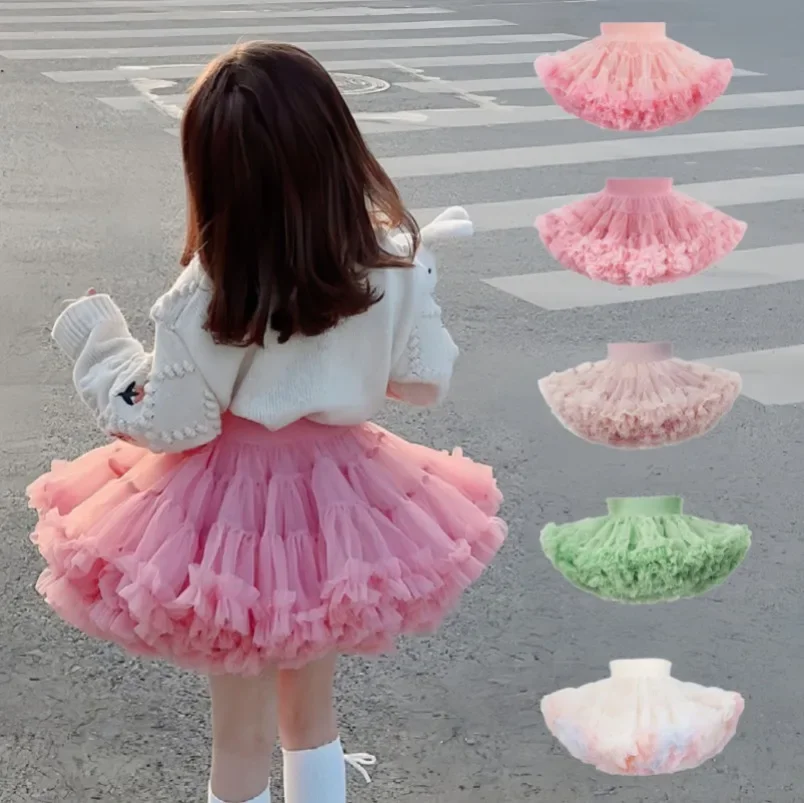 2024 HOT Girls Tutu Skirts Solid Fluffy Tulle Princess Ball Gown Pettiskirt Kids Ballet Party Performance Dress for Children